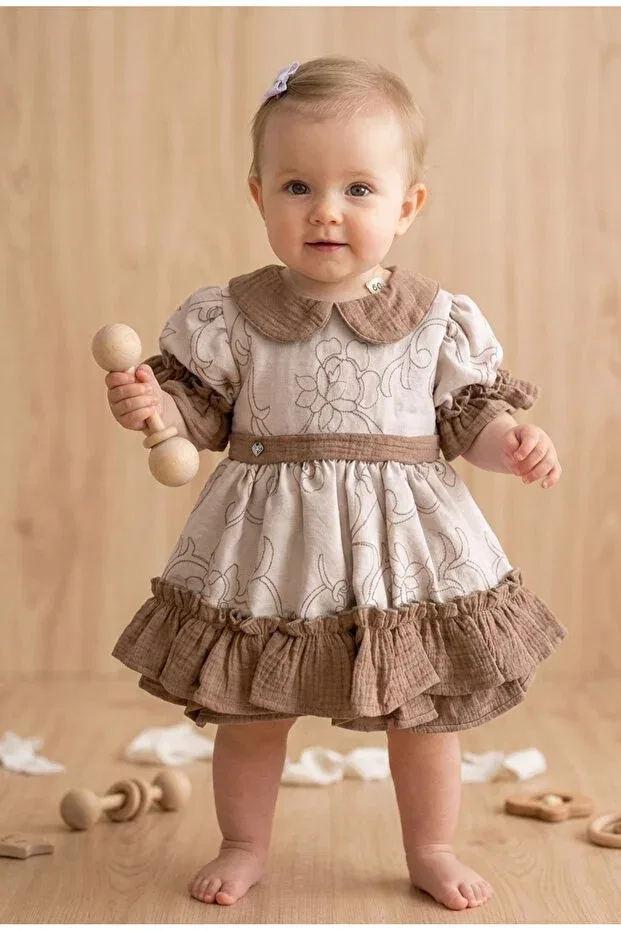 Детское платье для девочек хлопковое Eid Retro Ruffled Baby Collar Short Muslin Baby Dress Moes, Brown