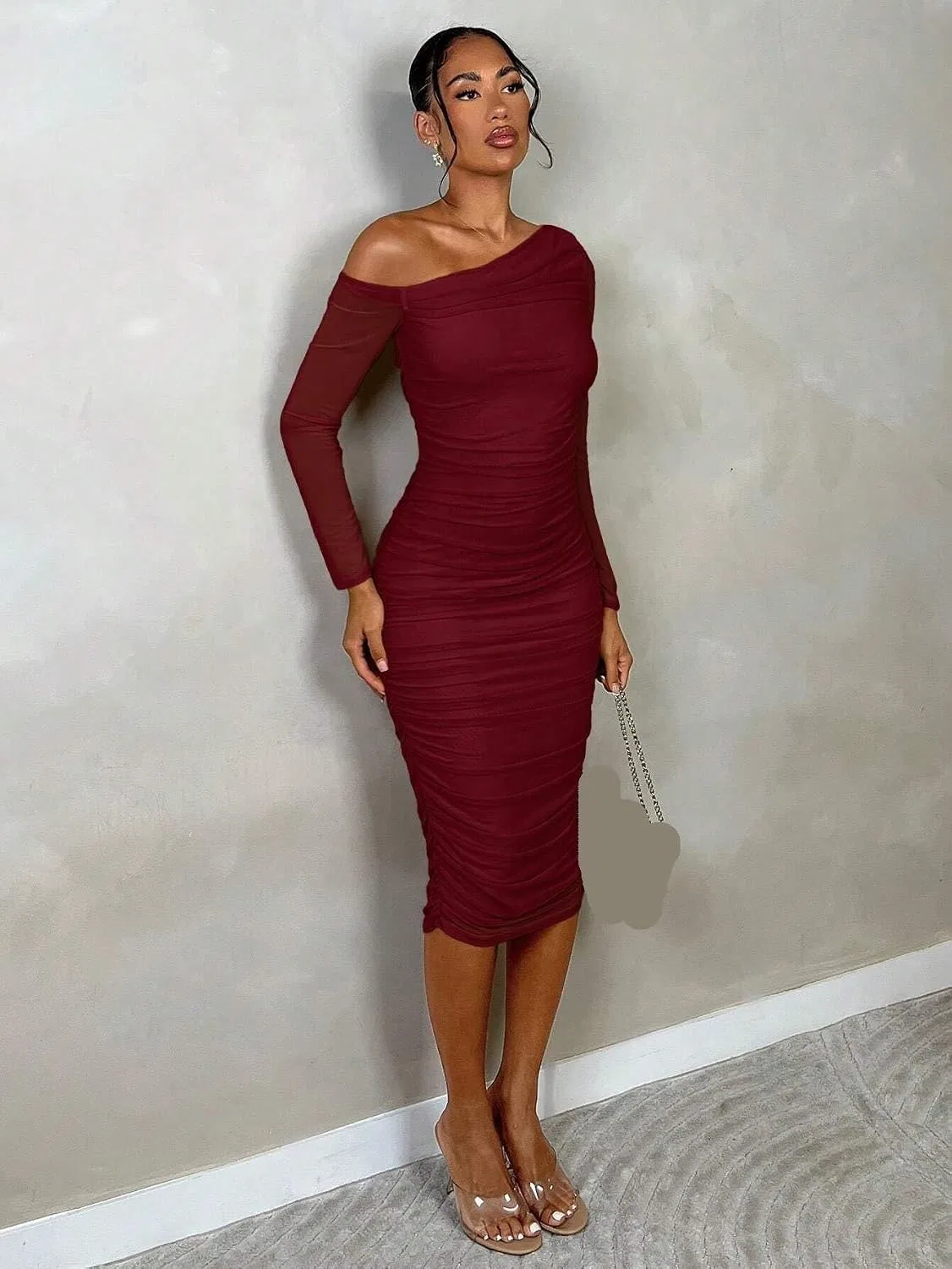 Женское платье миди с длинным рукавом Bodycon, Burgundy — фото 3
