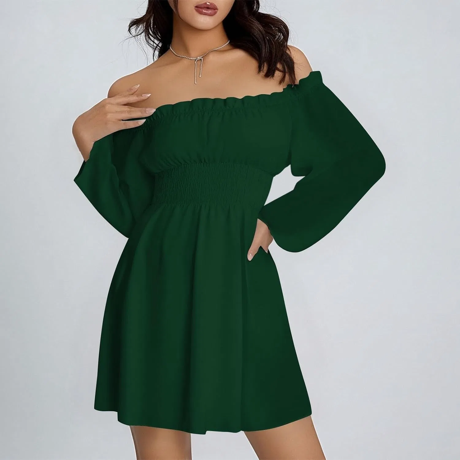 Женское платье-комбинезон с рукавом-фонарик, без бретелек, Solid Color, 02-Green — фото 2