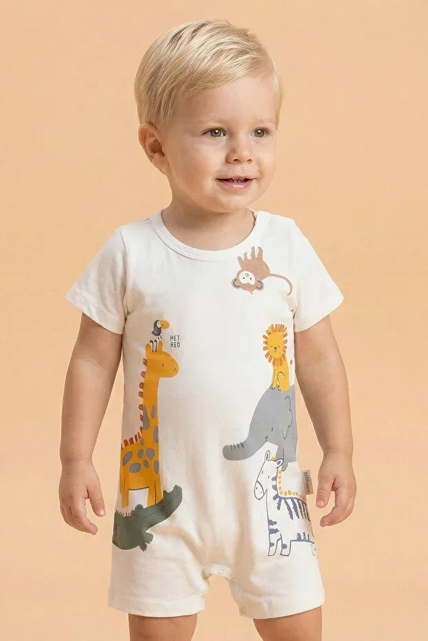 Детский комбинезон для мальчиков с принтом Tuabella, White Men's Summer Jumpsuit With Giraffe And Lion Print — фото 2
