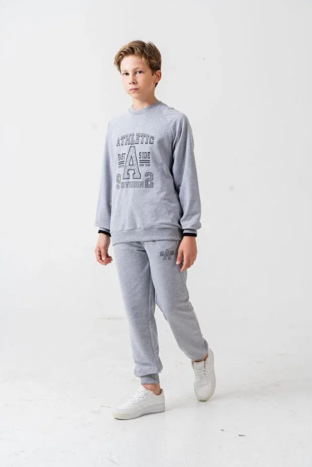 Детский спортивный комплект для мальчиков с принтом Athletic Printed Boys' Top And Bottom Tracksuit Set Mışıl Kids, Gray Melange — фото 3
