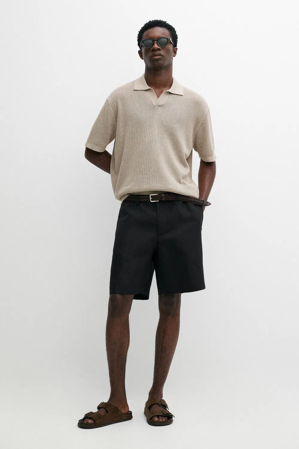 Поло Massimo Dutti Cotton-Blend V-Neck Knit, серо-бежевый — фото 2