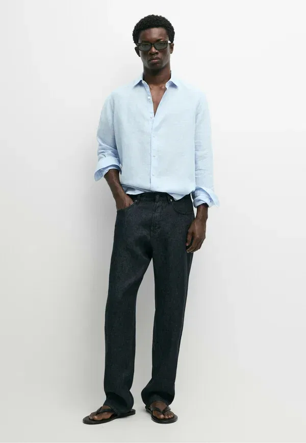 Джинсы из льна Straight leg jeans Massimo Dutti, Mottled Dark Blue, темно-синий — фото 2