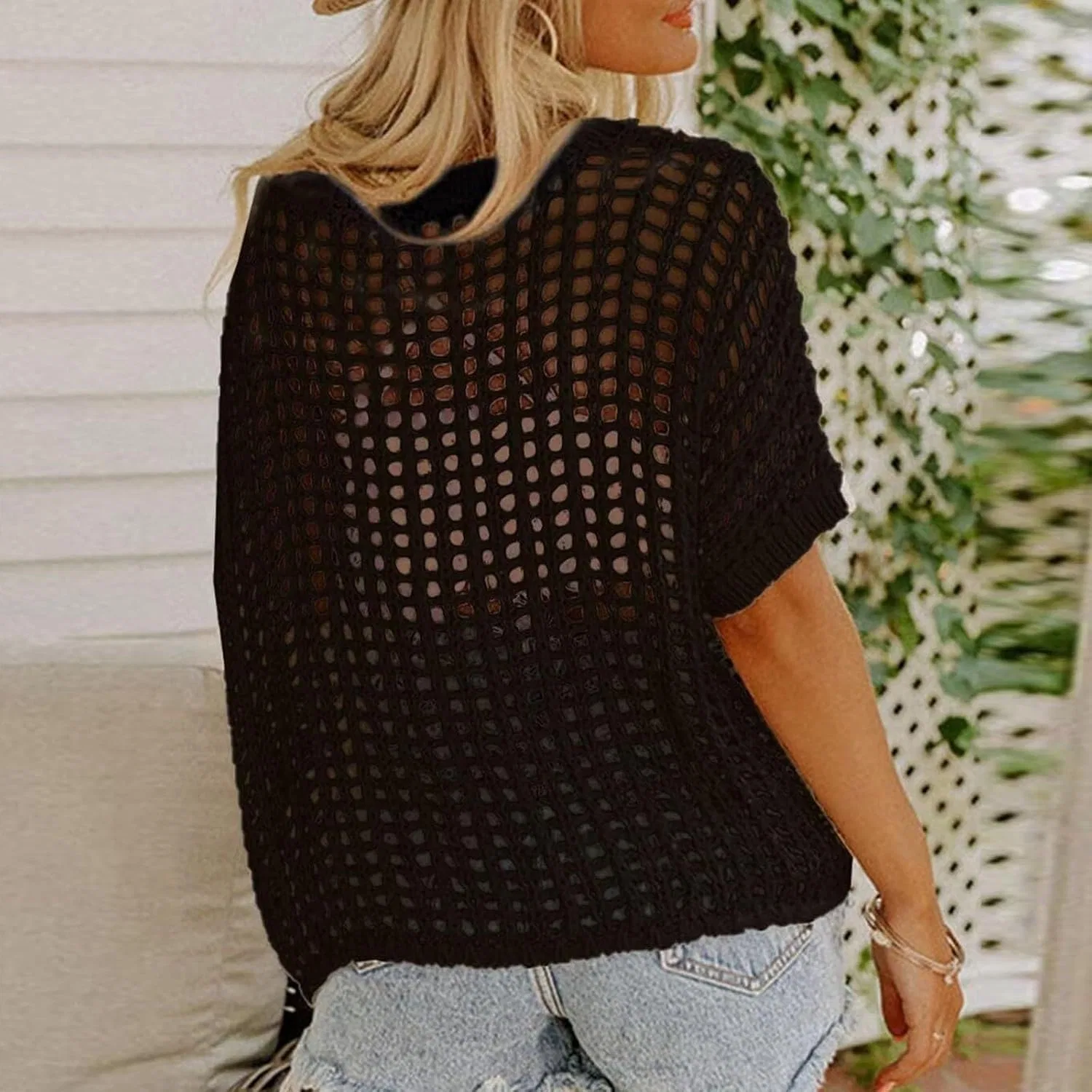 Женская пляжная накидка с вязаным кружевом, свободного кроя, Off Shoulder, Black — фото 4