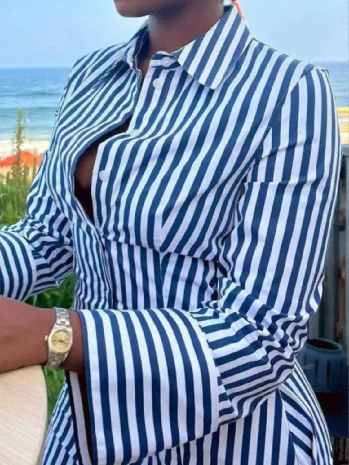 Женское мини-платье с длинным рукавом в полоску, Blue and White — фото 2