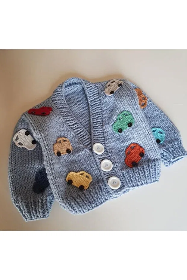 Детский кардиган с принтом Hand Knitted Car-Themed Baby Kids Cardigan El Örgüsü, Blue — фото 2
