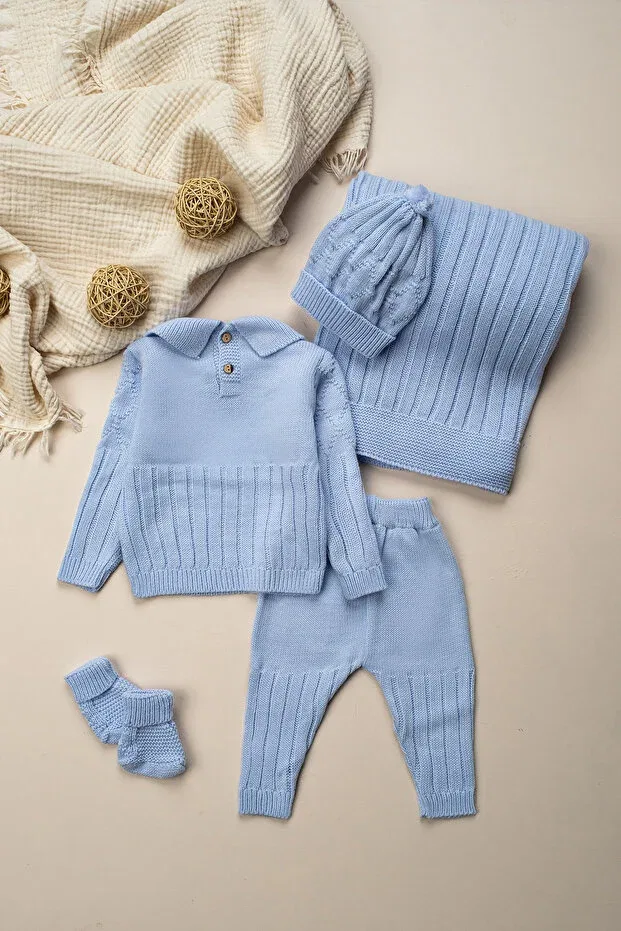 Детский комплект одежды для новорожденных трикотажный Newborn gift 5-piece knitwear set Mielco, Blue — фото 4