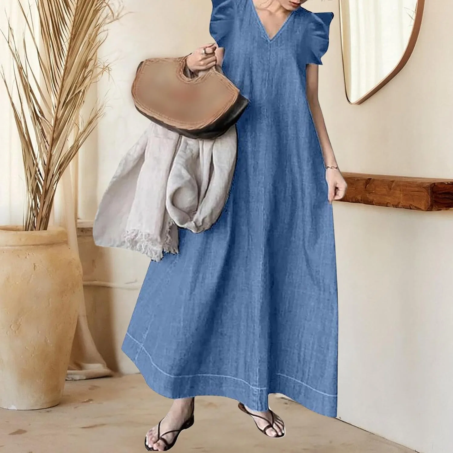Женское джинсовое платье макси V-образный вырез воланы Casual, Sky Blue — фото 2