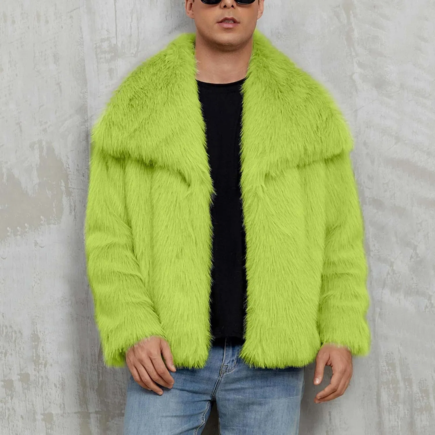 Мужское пальто из искусственного меха, с лацканами, зелёный — фото 3