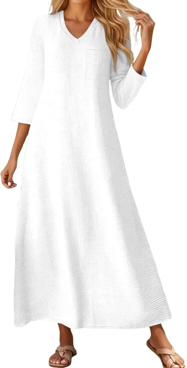 Женское летнее макси-платье богемного стиля с 3/4 рукавом, Cotton Linen, White