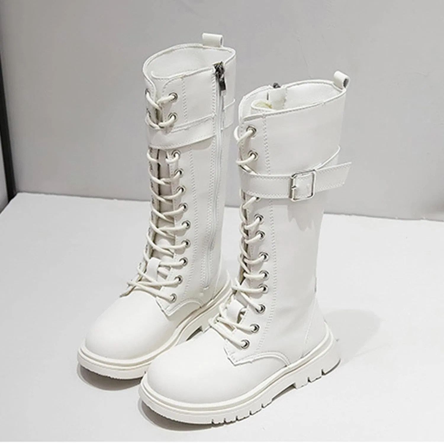 Детские ботинки на шнуровке из PU-кожи с принтом, модель Girls Lace Up Combat Boots, White — фото 4