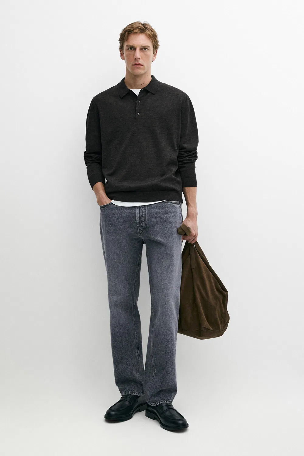 Поло-свитер Massimo Dutti 100% Merino Wool Knit, угольно-серый — фото 3