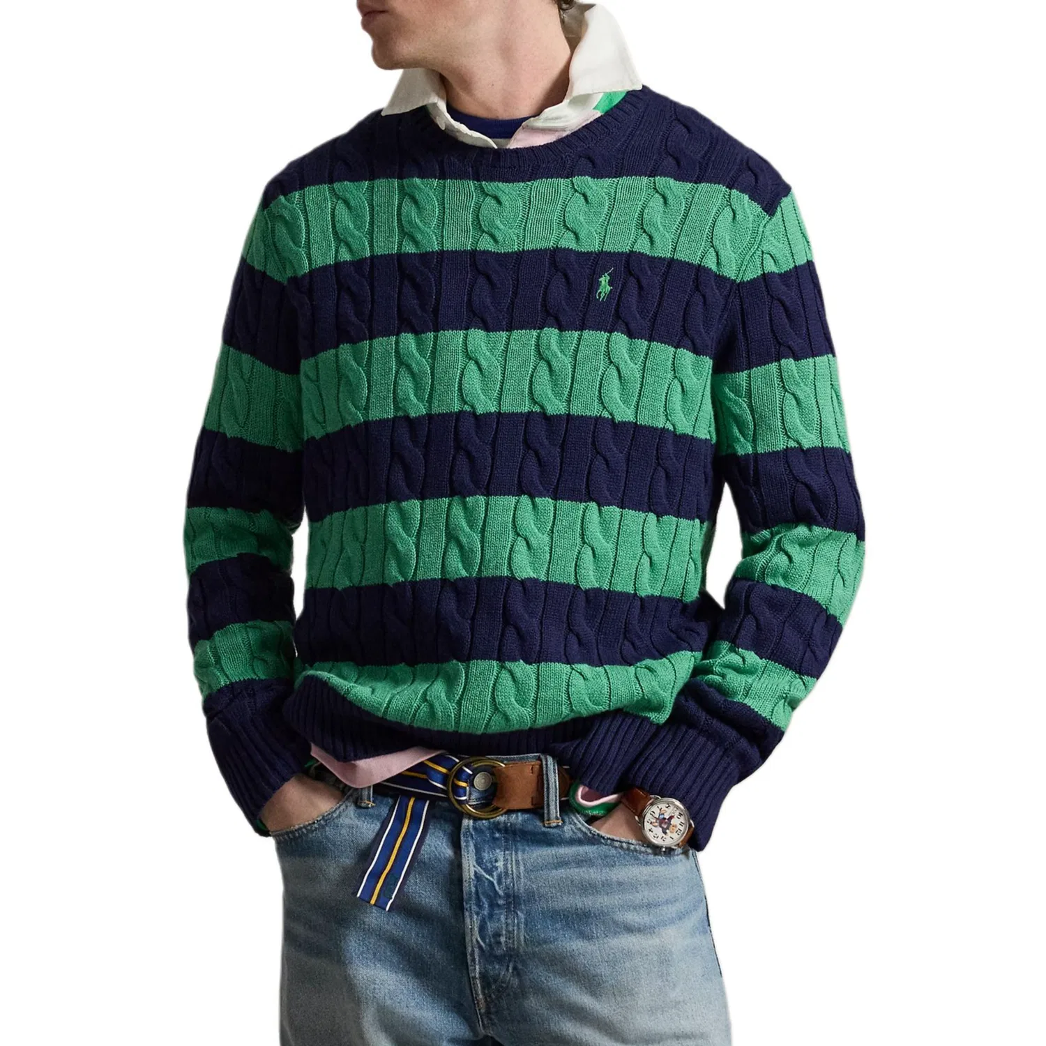 Мужской свитер с кабельным узором и полосами, Cable Stripe Knitted Sweater, Polo Ralph Lauren — фото 3