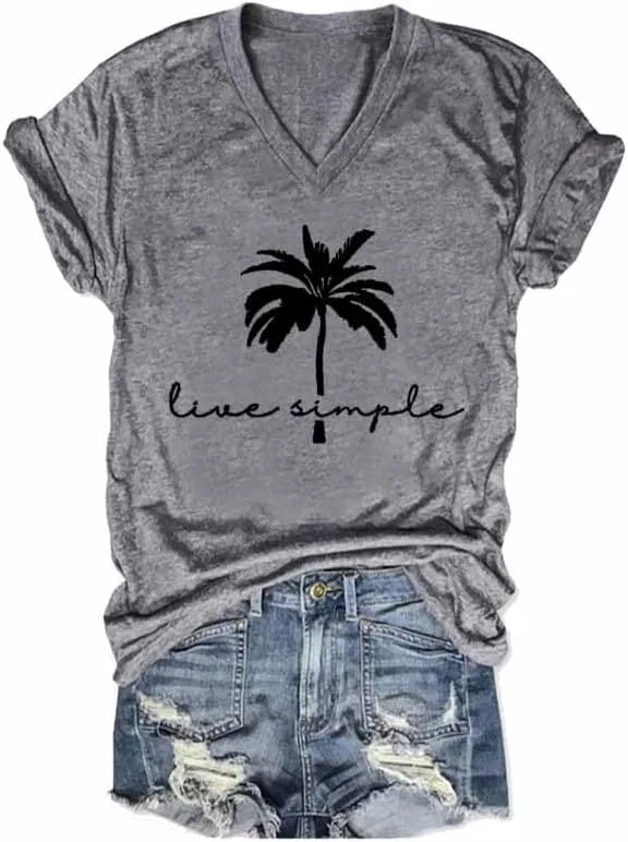 Женская футболка с принтом кокосовой пальмы V-neck Casual Tee, Grey