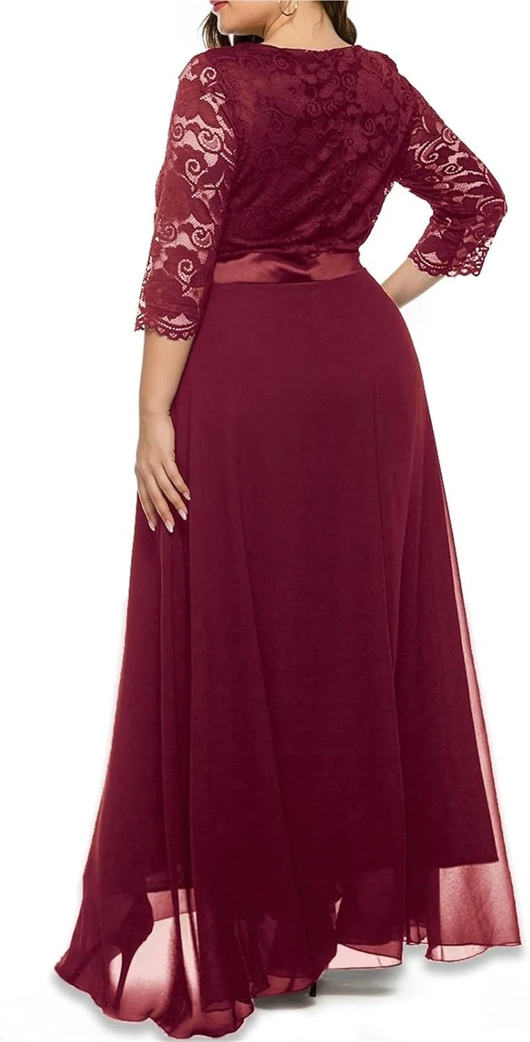 Женское кружевное макси-платье с длинным рукавом, Wine Red — фото 3