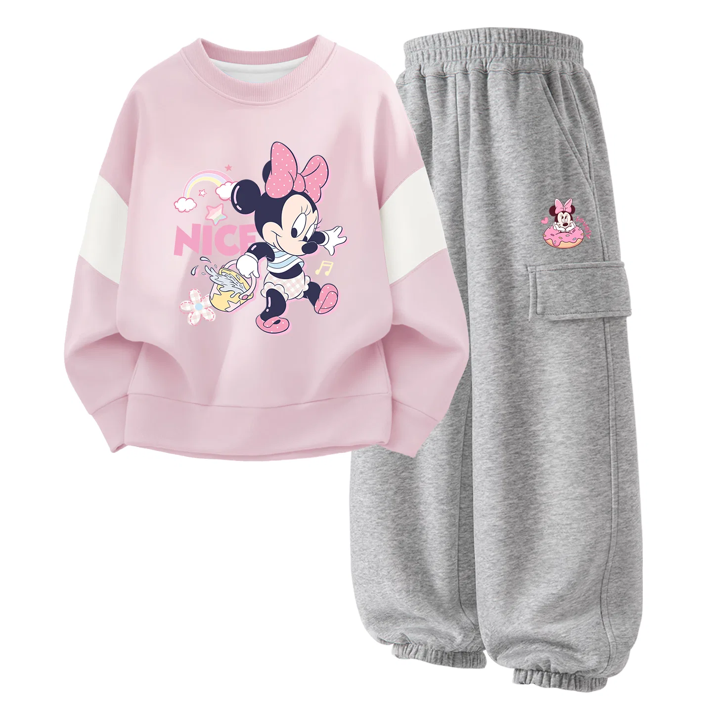 Детский комплект спортивной одежды с круглым вырезом Disney Di Chai Shui Cherry Blossom Pink+Di Donut Nini Gray