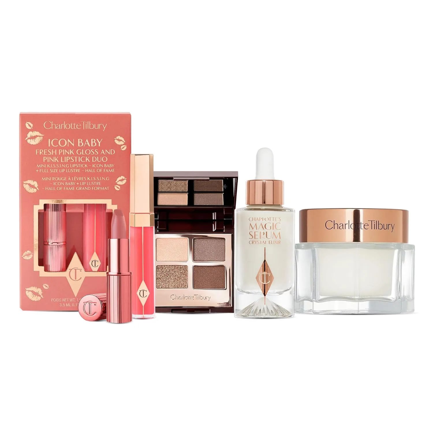 Набор Charlotte Tilbury Holiday Beauty - полноразмерные Charlotte's Magic Cream и Magic Serum, тени Golden Goddess Eyeshadow Quad и помада Icon Baby Lip Duo - полная коллекция для ухода и макияжа для сияния, pink