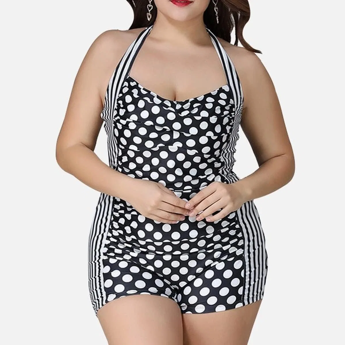 Женский слитный купальник с принтом горошек, Halter Neck, Monokini, Black — фото 2