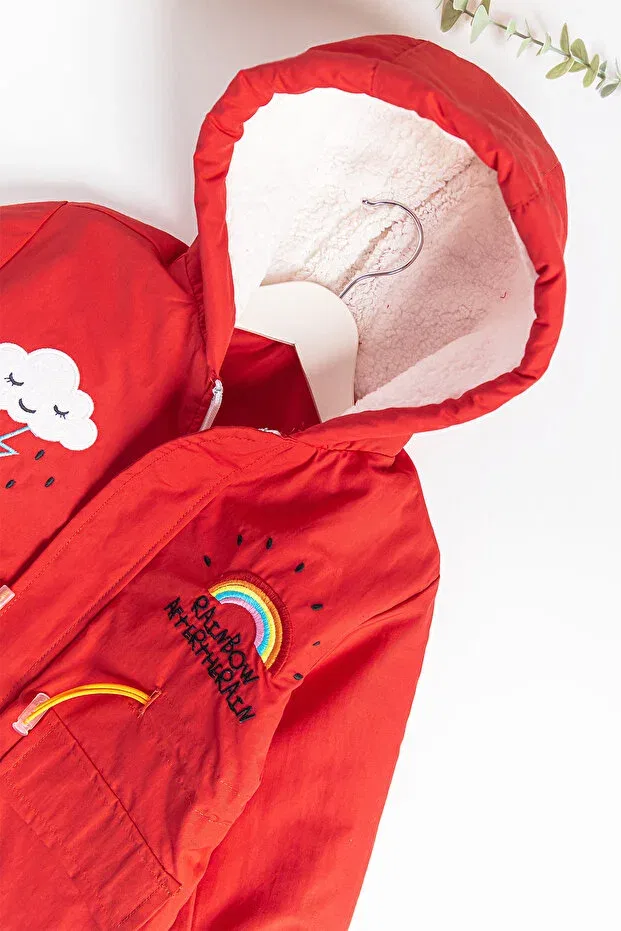 Детское пальто для девочек с принтом Rainbow Embroidered Plush Lined Girl's Coat Babymod, Red — фото 2