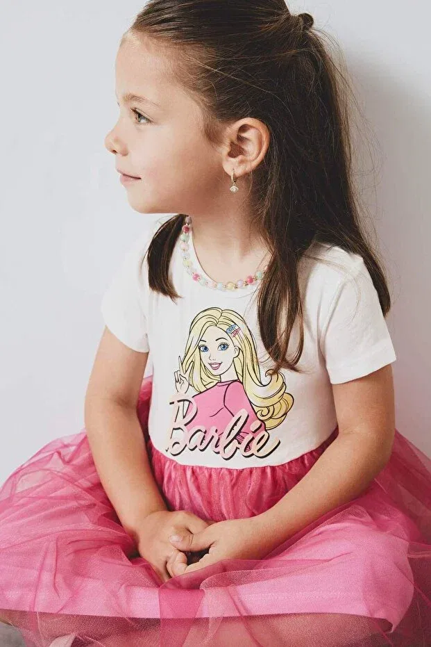 Детское платье для девочек с принтом Barbie Defacto, Ecru-Er105 — фото 3