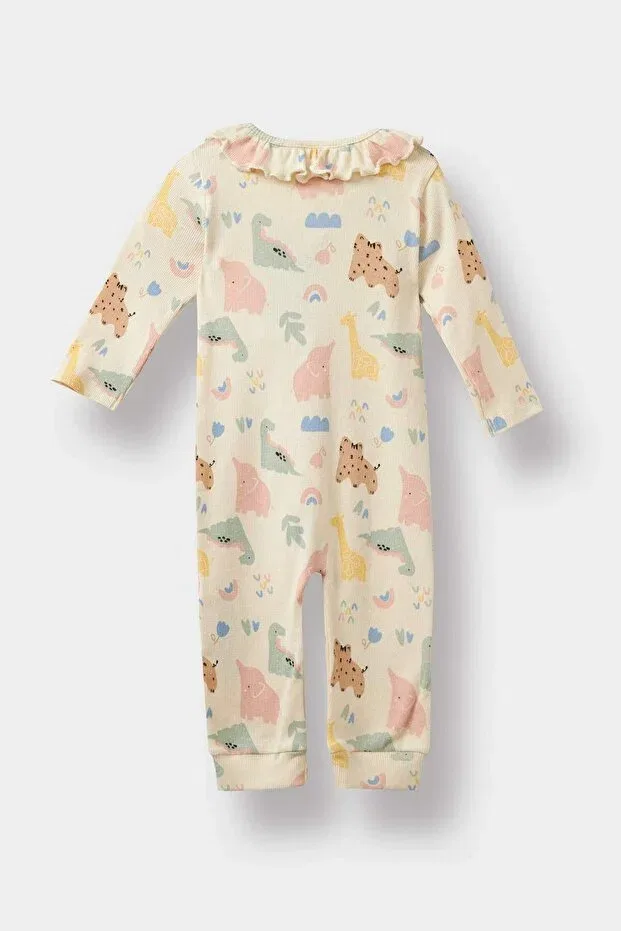 Детский комбинезон для девочек с принтом Animal Print Ribbed Long-Sleeved Romper Defacto, Ecru-Er233 — фото 3