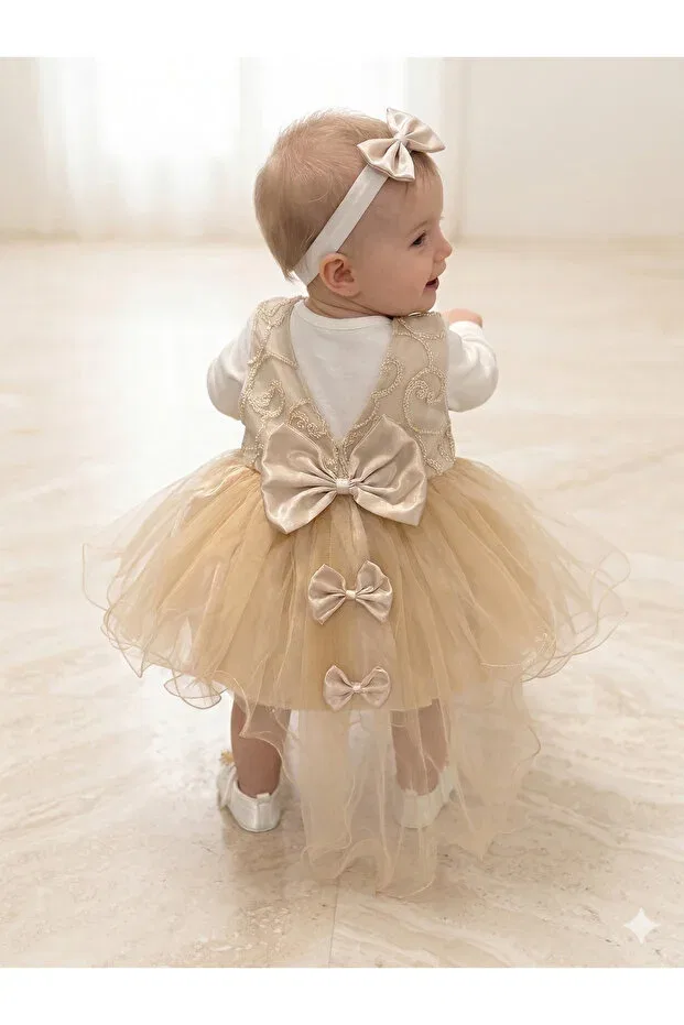 Детское платье для девочек с коротким рукавом Petite Ponpon Baby, Gold — фото 3