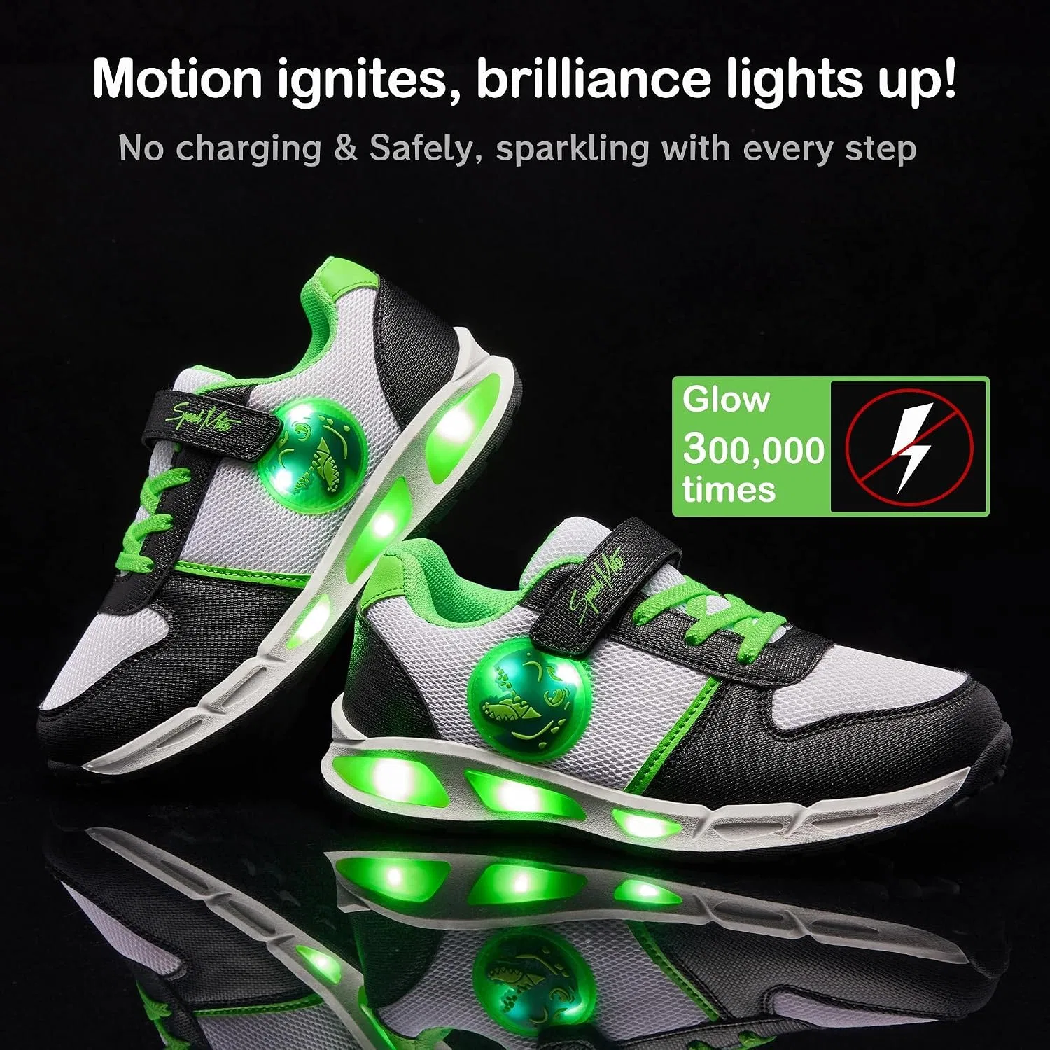 Детские светящиеся кроссовки для мальчиков и девочек с LED-подсветкой SPEED MATE, Blackwhitegreen — фото 2