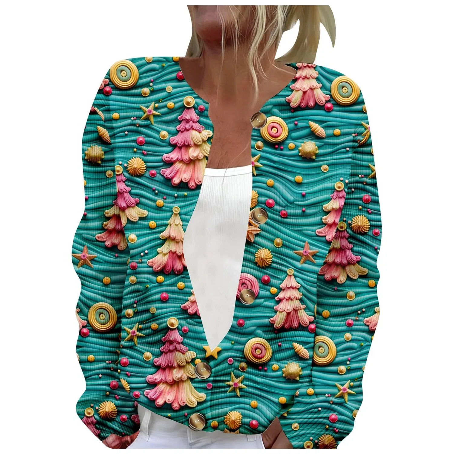 Женский кардиган с принтом Elegante cardigan casual con stampa e abbottonatura, Verde #6
