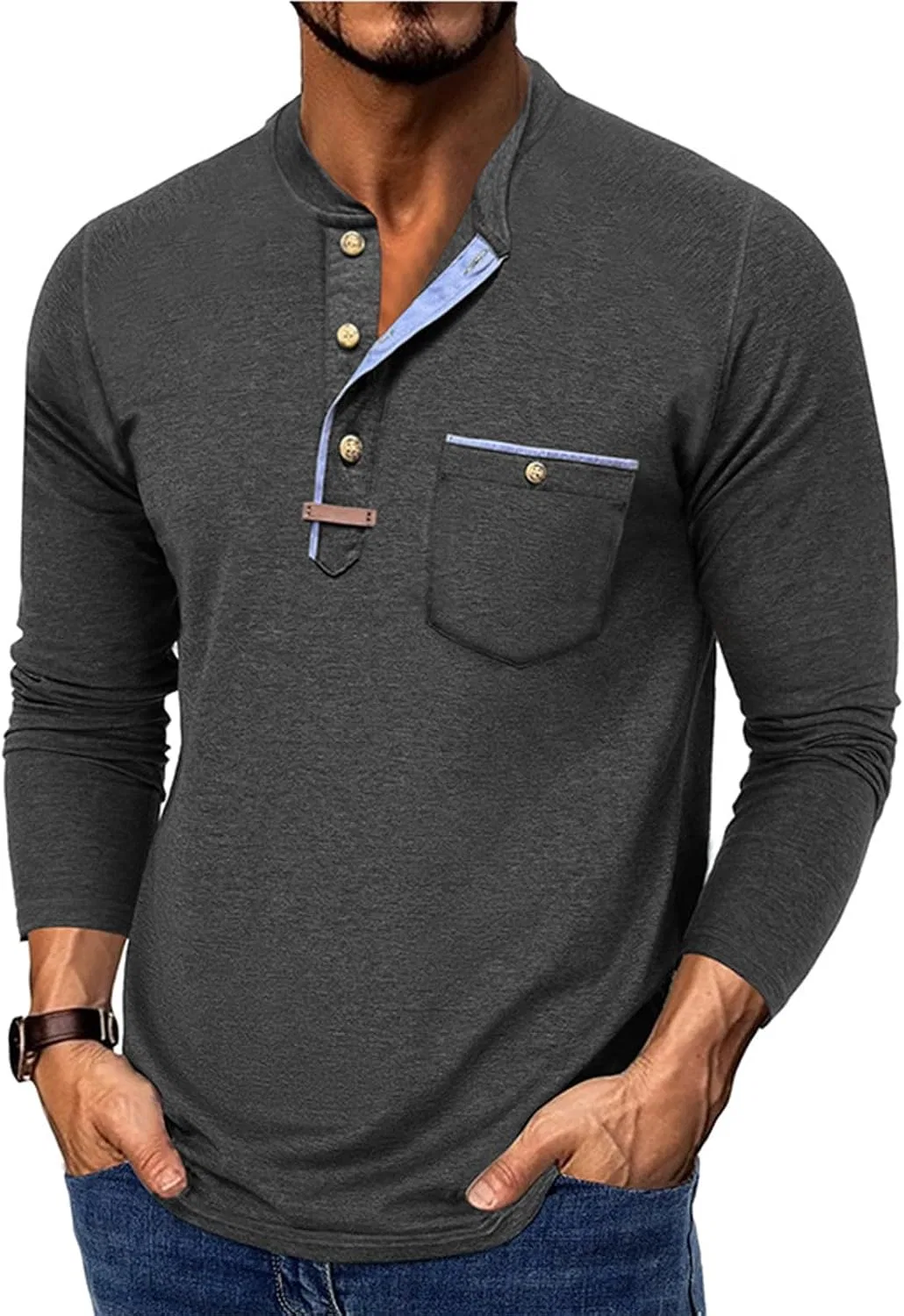 Мужская длинная футболка с воротником-поло Henley, Dark Gray — фото 2