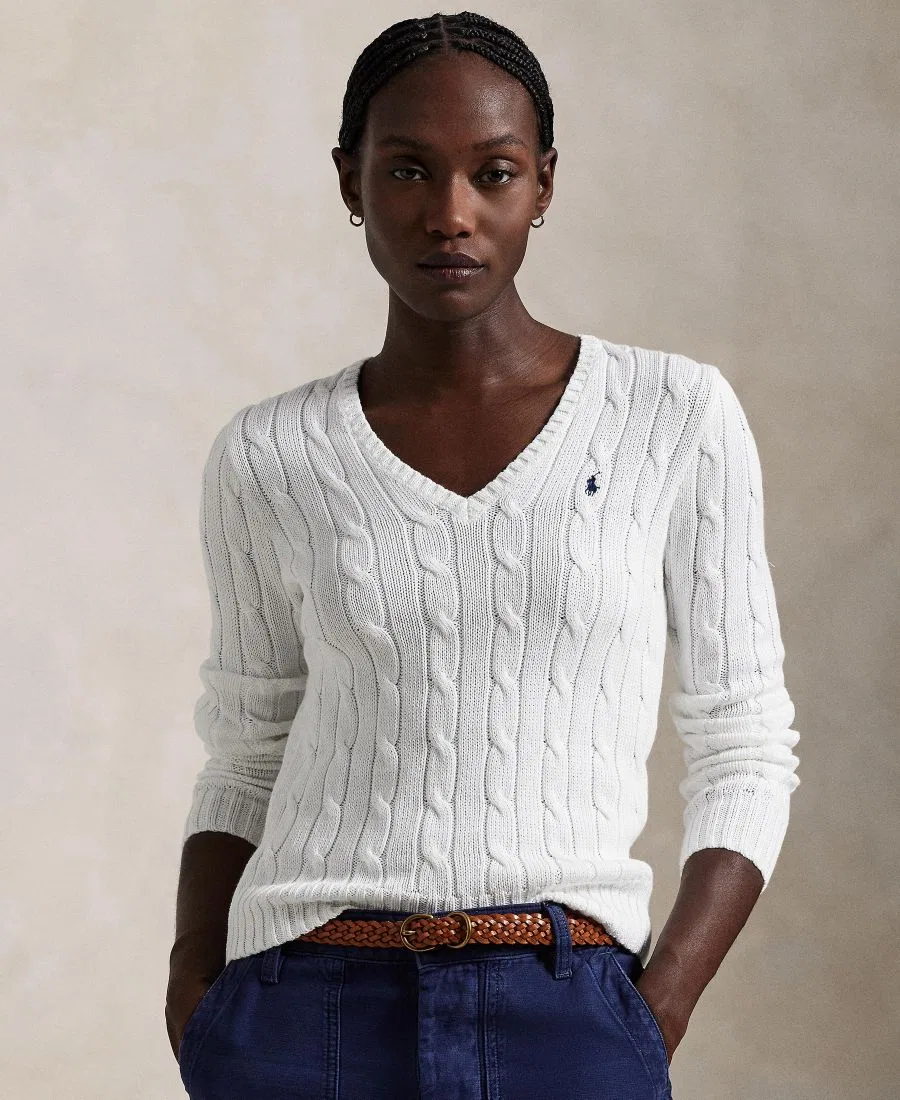 Женский свитер с V-образным вырезом, косая вязка Polo Ralph Lauren, White