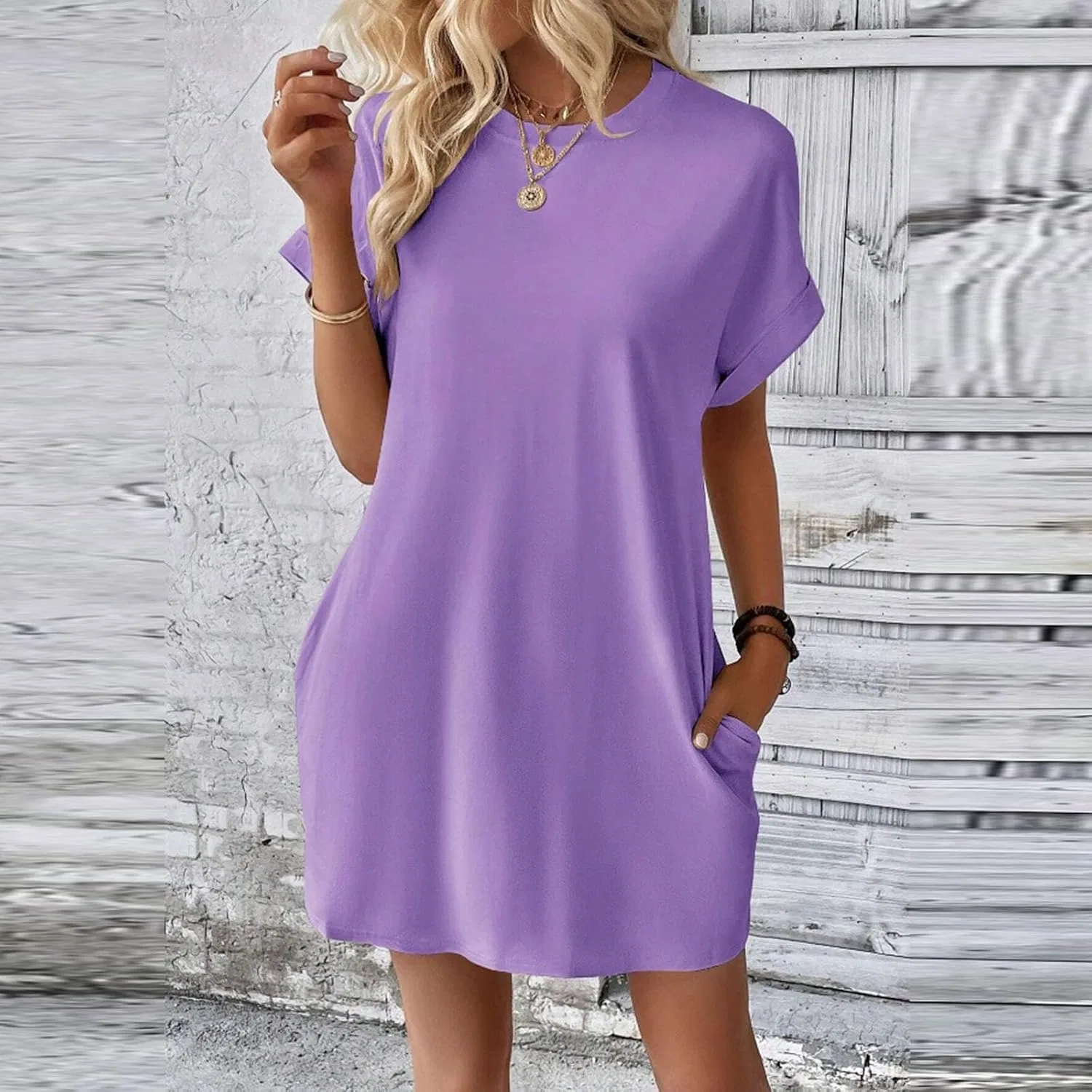 Женское летнее платье мини свободного кроя с карманами, Purple — фото 3
