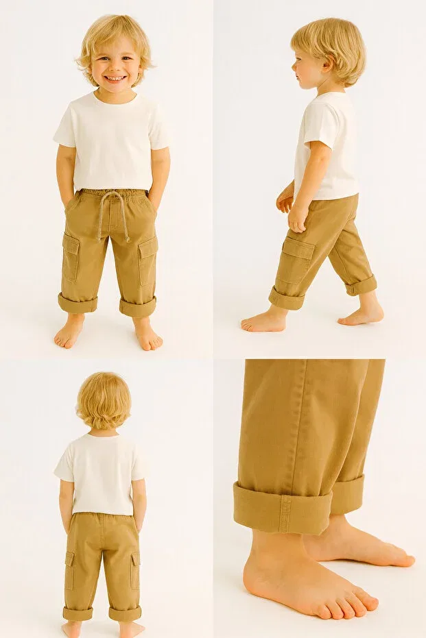 Детские брюки для мальчиков карго с завязками Motebarn Wear, Beige — фото 2