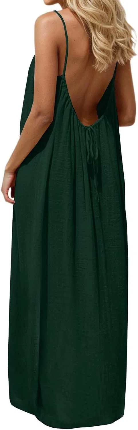 Женское длинное платье-макси на бретелях с открытой спиной, Blackish Green