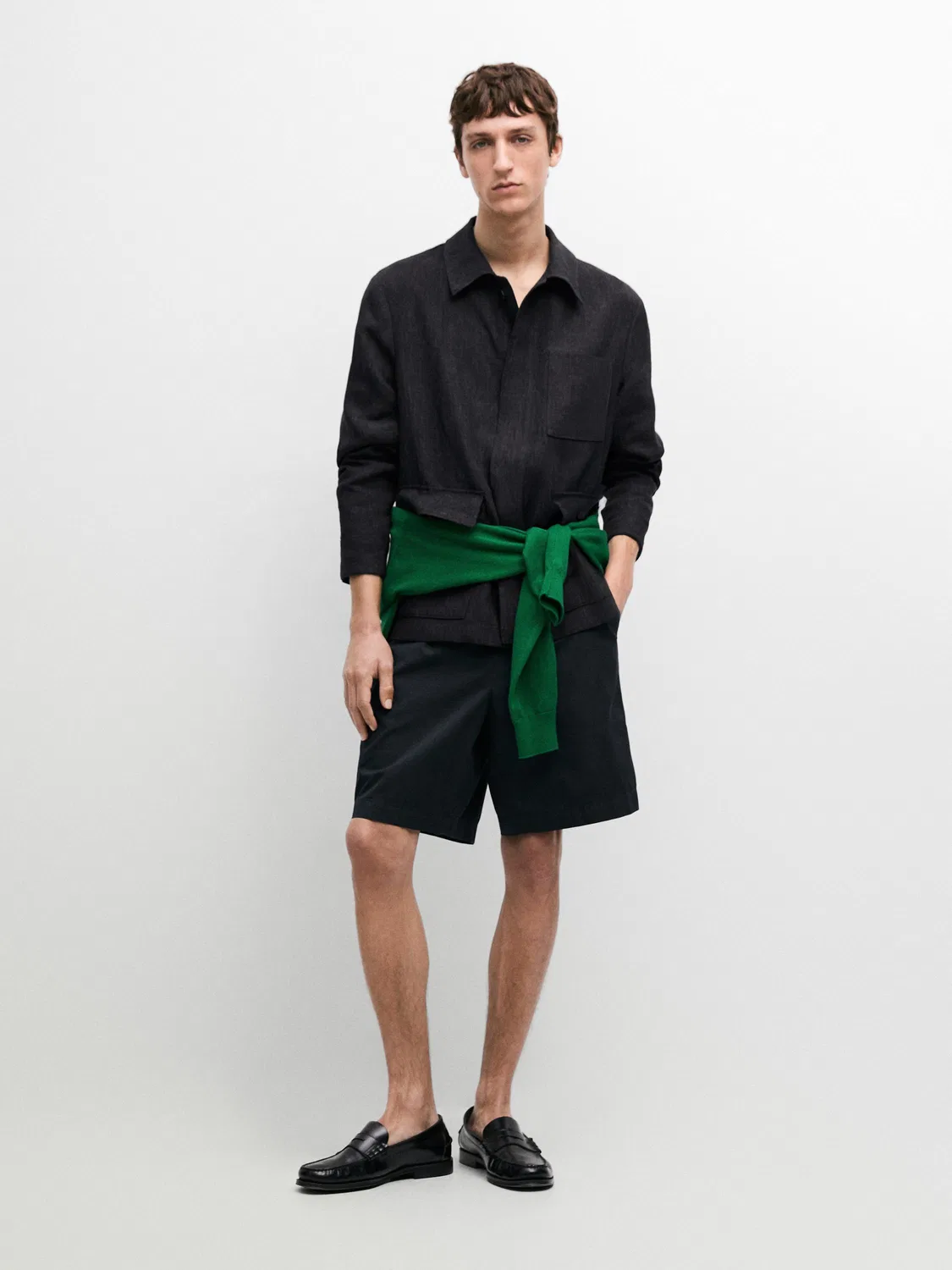 Хлопковые шорты-бермуды с декоративной отделкой на поясе Massimo Dutti, темно-синий