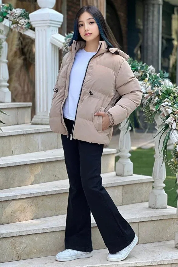 Детское зимнее пальто для девочек без принта на молнии с капюшоном Zaziko Kids, Beige