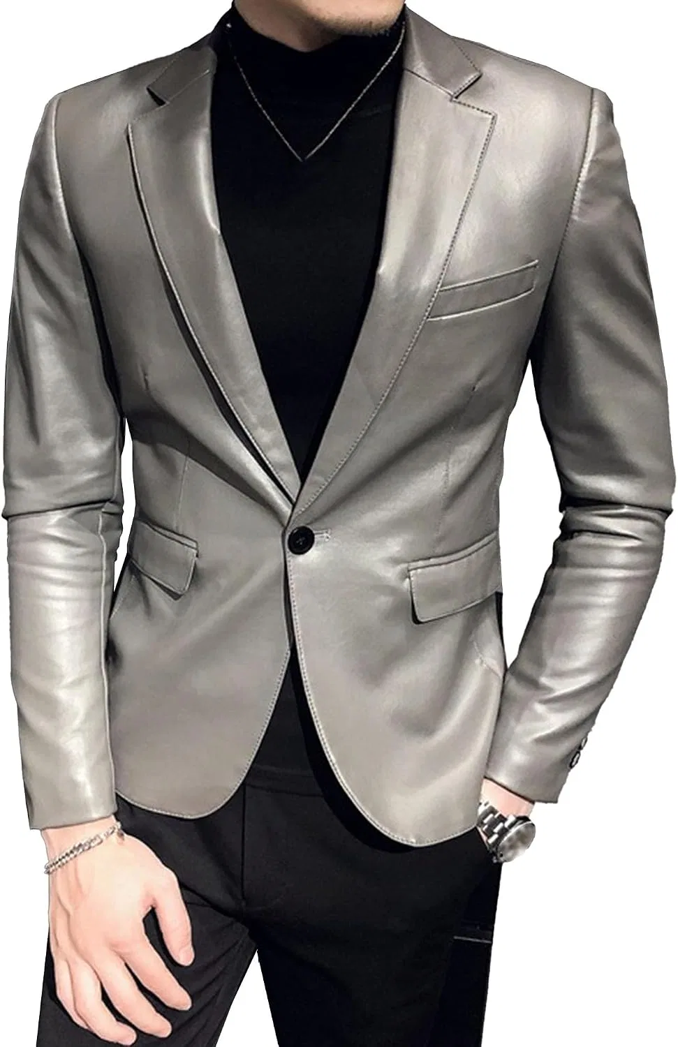 Мужское кожаное пальто с лацканами, однобортное, slim fit, серый