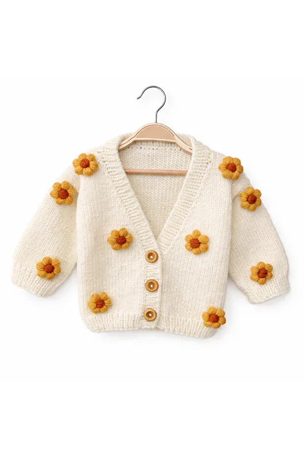 Детский кардиган для новорожденных с цветочным принтом Hand knitted popcorn floral baby cardigan Aykır I Bebe, Cream Mustard Yellow