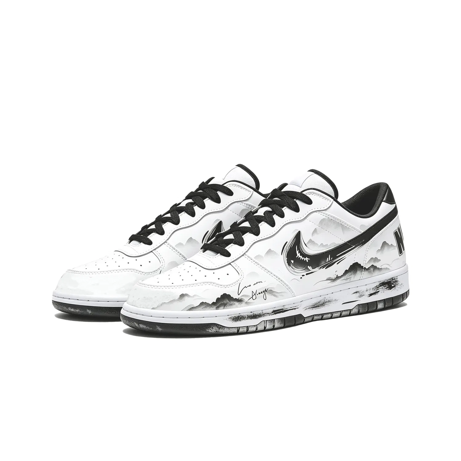 Детские кроссовки для скейтборда с принтом Big Low Lux Dunk Nike, Ink Wash Blended-Black White — фото 4