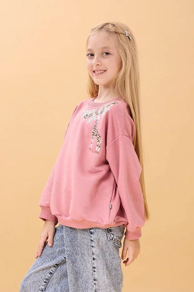 Детские свитшот для девочек с вышивкой Giraffe Embroidered Seasonal Oversize Perendi, Dried Rose — фото 2