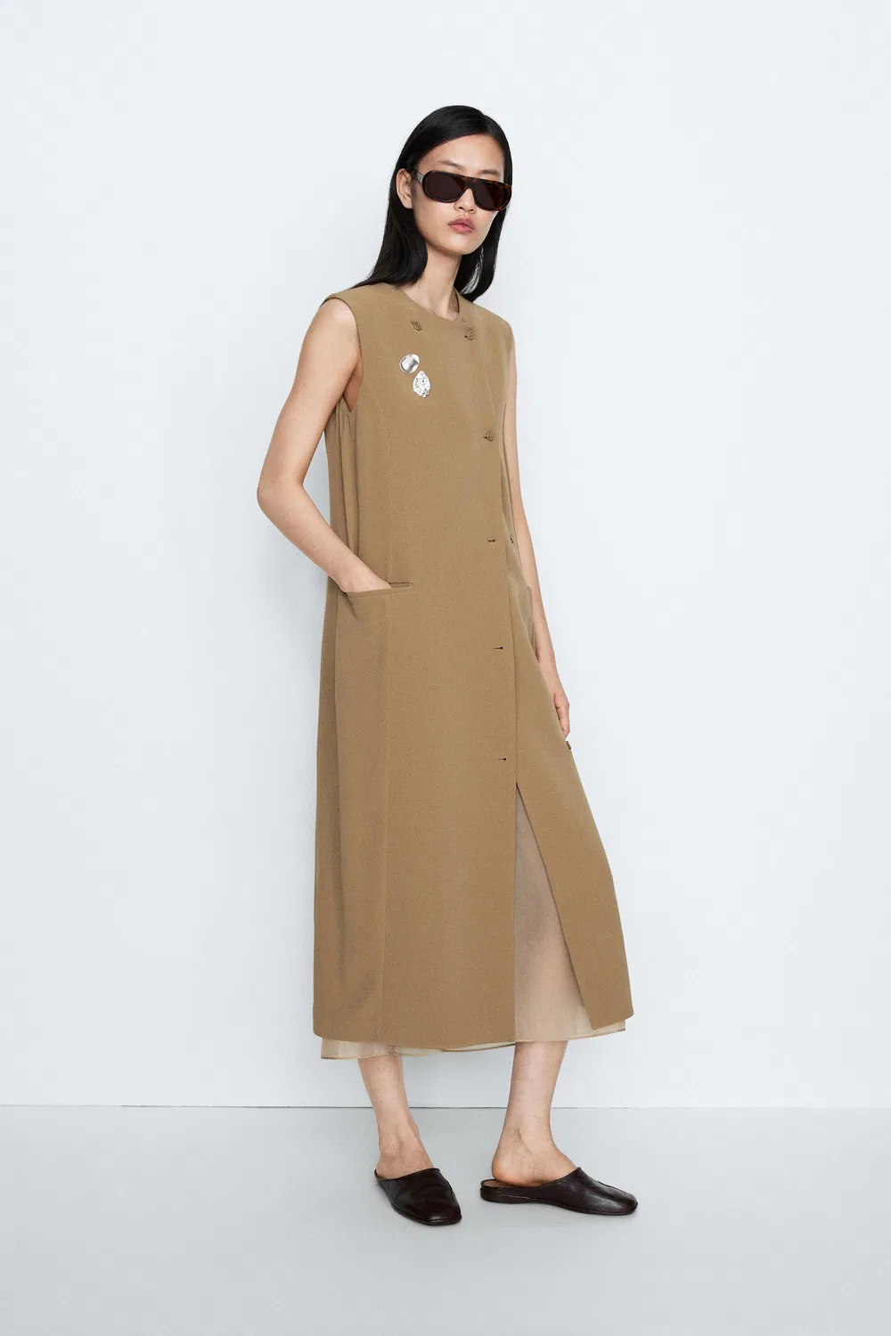 Платье Studio Massimo Dutti, миди, с запахом и карманами, карамельный