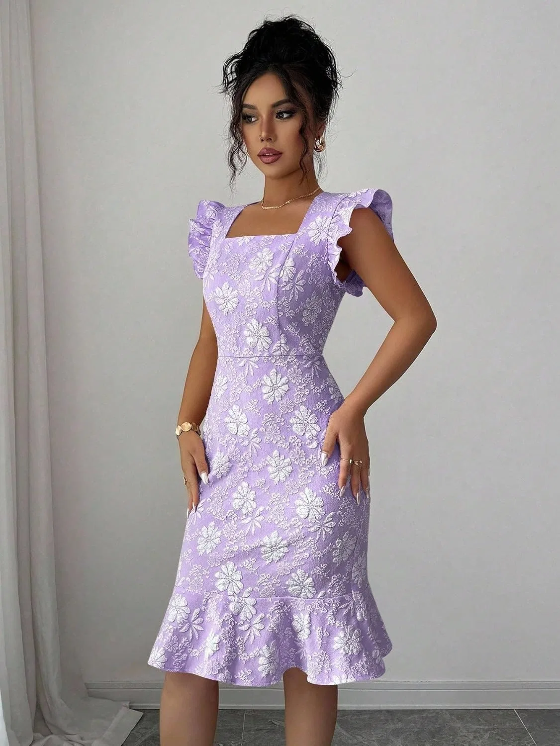 Женское повседневное миди-платье с квадратным вырезом, Purple — фото 4