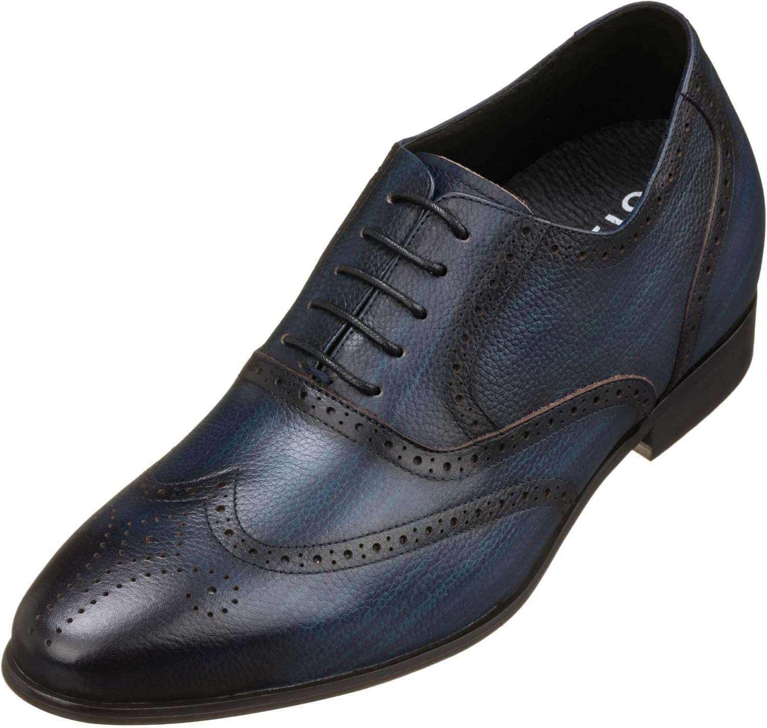 

Мужские невидимые туфли-лифты CALTO - темно-синие премиальные кожаные оксфорды с шнуровкой и декоративной перфорацией - увеличение роста на 7 см - K20812 - размер 9 D(M) US