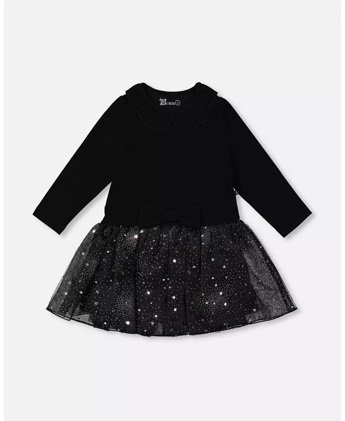 

Платье для девочек из двух материалов с блестящей юбкой, черное Deux par Deux, черный