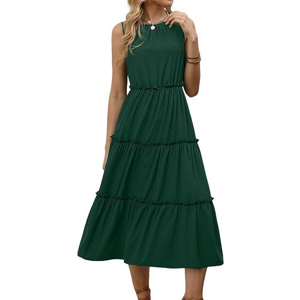 

Женское летнее платье-макси с рукавами-крылышками, рюшами и ярусами в стиле бохо Clearflower, Dark Green