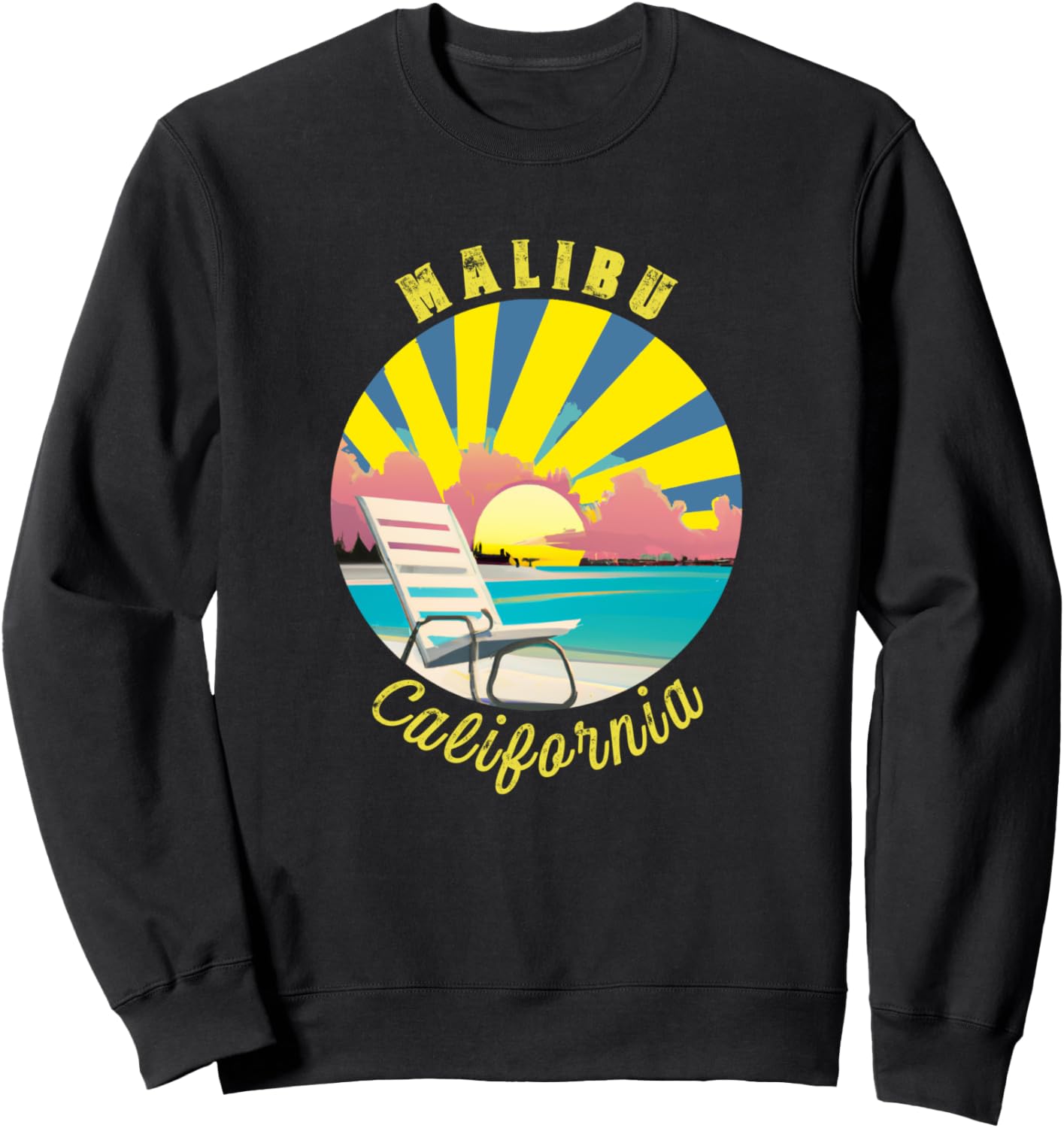 

Толстовка с ретро-принтом «Закат и пляжный отдых в Малибу, Калифорния» Malibu California Retro Souvenir Apparel, черный