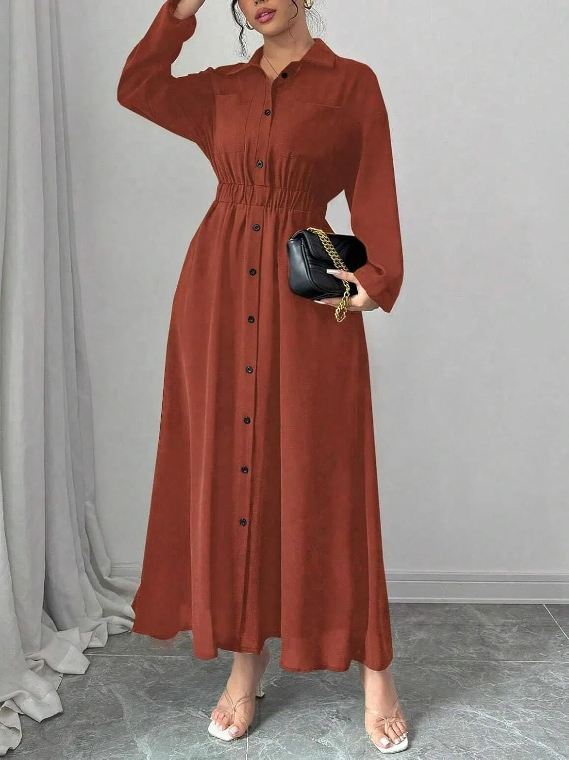 Женское длинное платье-рубашка из ткани, Rust Brown — фото 3