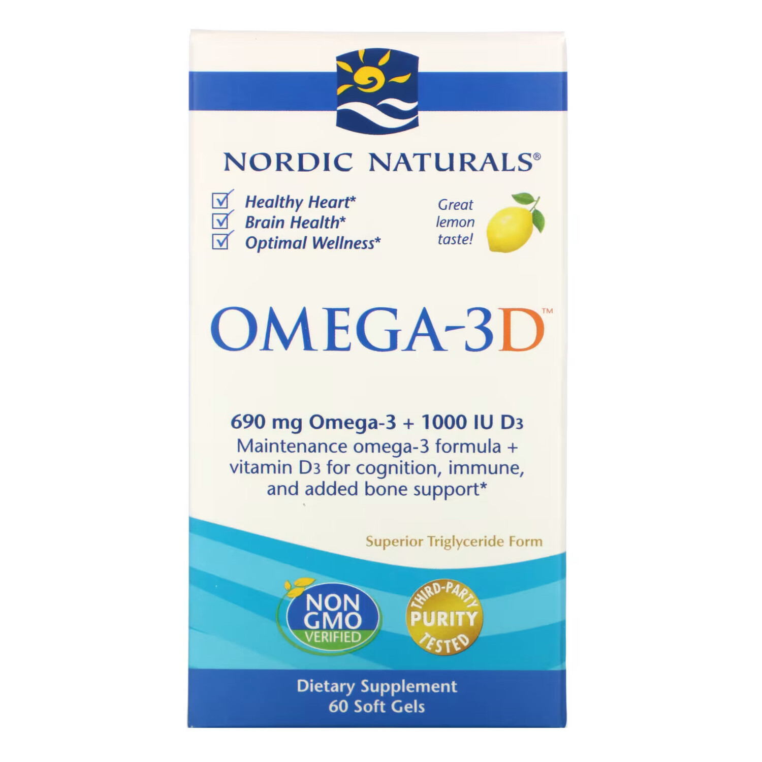 

Nordic Naturals, Омега-3D, лимонный, 1000 мг, 60 мягких капсул