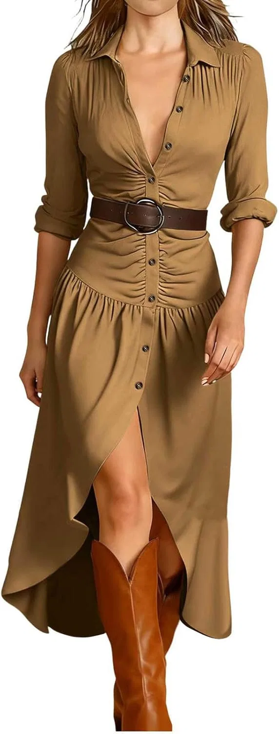 Женское длинное платье с рубашечным воротником Western, Khaki