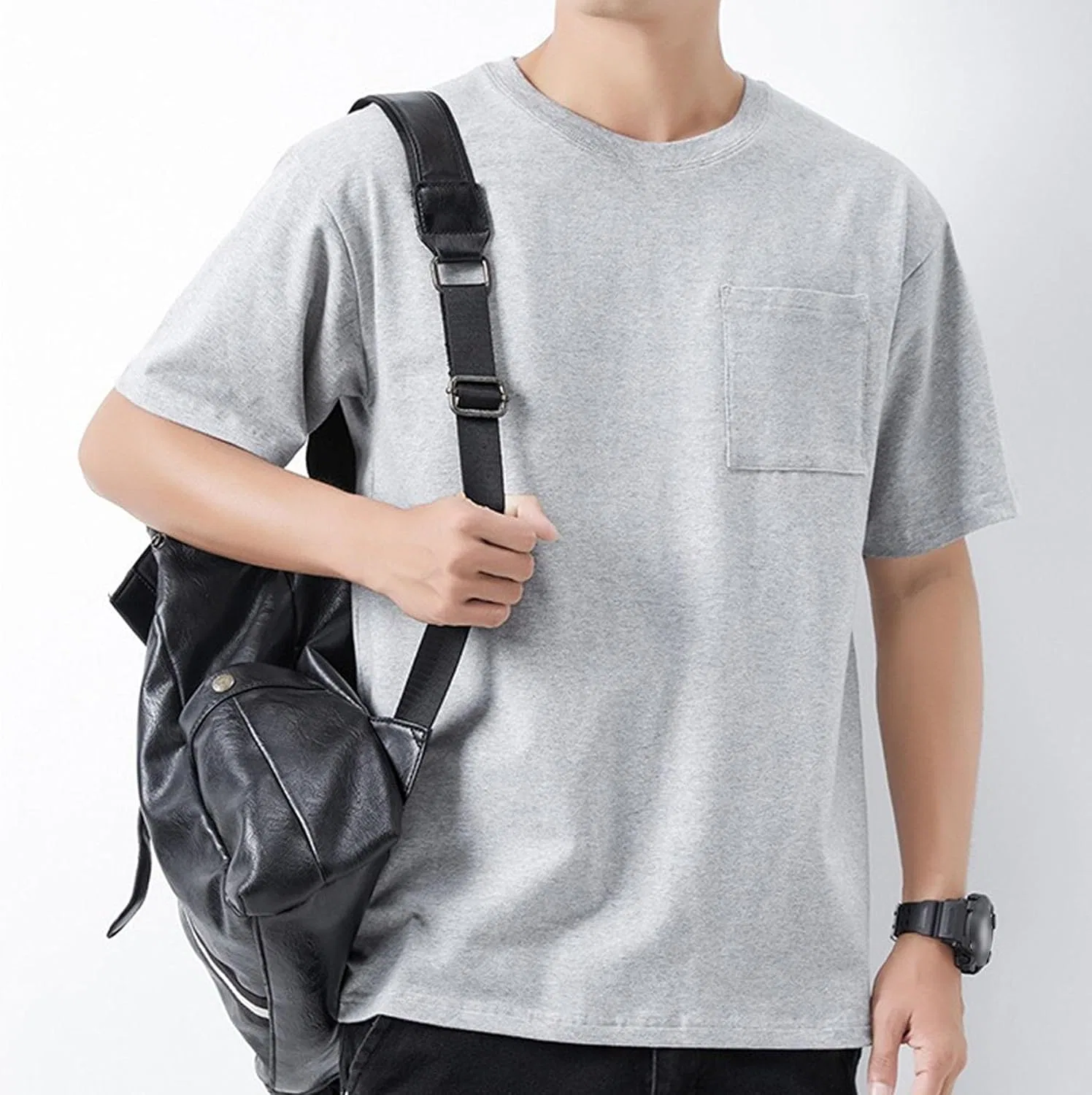 Мужская футболка с нагрудным карманом, Casual Regular Fit Crew Neck Tee, серый — фото 3