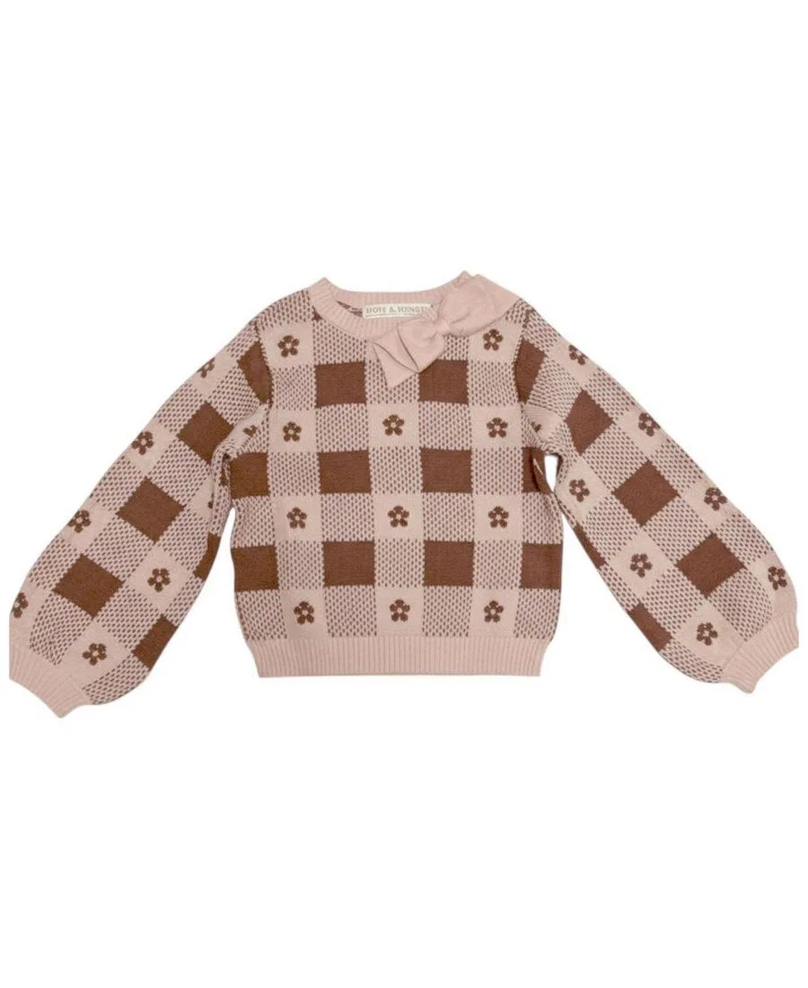 Свитер из органического хлопка с бантом и интарсией, модель Bow Detail Intarsia Hope & Henry, Cinnamon Heather Intarsia